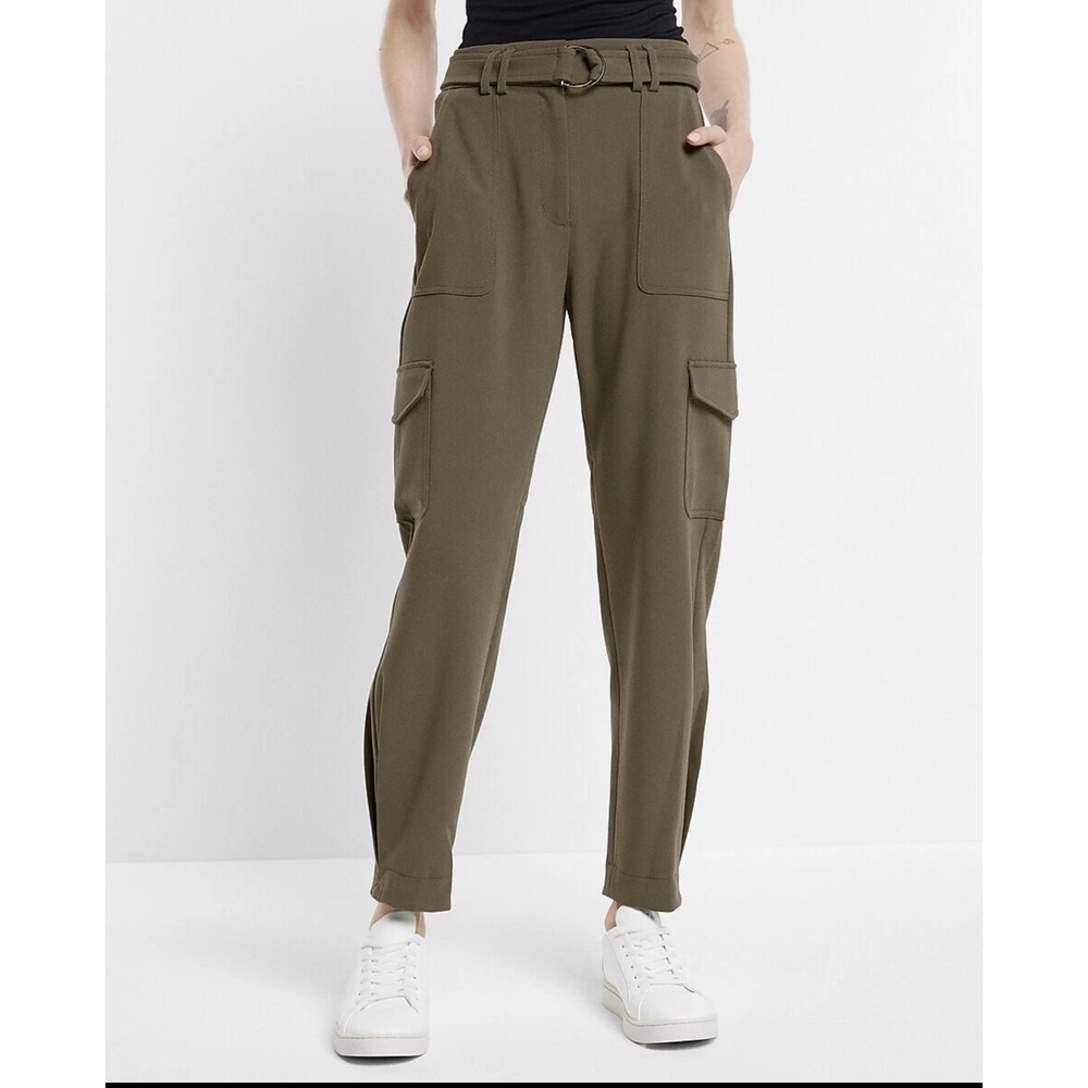 NEW EXPRESS $98‎ OLIVE GREEN SUPER HIGH WAISTED BELTED CARGO PANTS SZ 16S Plus
